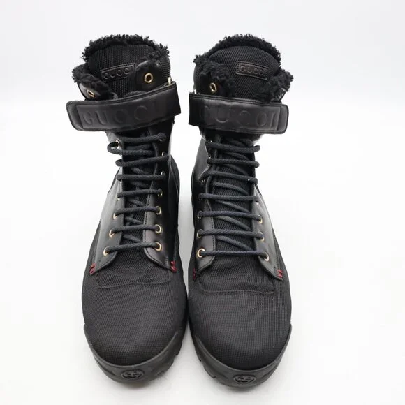 GUCCI Black Leather Signature Webbing Shearling Lined Men UK 9.5 US 10 Combat